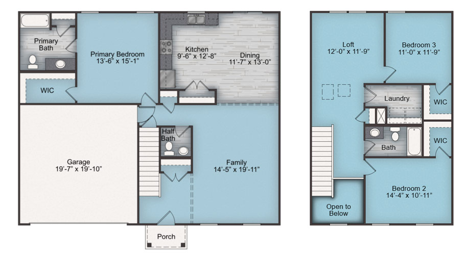 Two-story house floor plan: Ideal for custom homes Gainesville, the first floor offers a garage, porch, family room, kitchen, dining, primary bedroom with bath and WIC, and half bath. Upstairs features a loft, two bedrooms, bath, laundry, and open area to below.