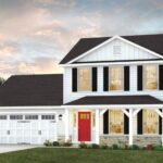 Two-story suburban house with white siding, black shutters, and a red front door. Features a double garage, front porch with white pillars, and a garden—showcasing the charm of custom homes in North Central Florida.