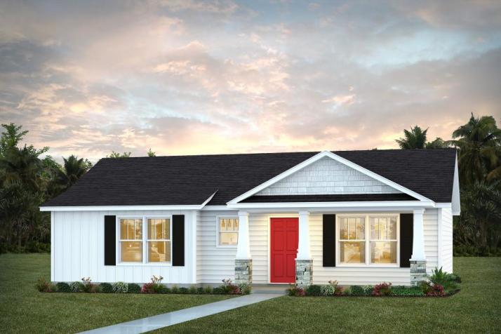 Single-story white house with black roof, black shutters, and a bright red front door. This charming example of custom homes Gainesville features a manicured lawn, neat shrubs, and a pathway leading to the entrance beneath a partly cloudy sunset sky.
