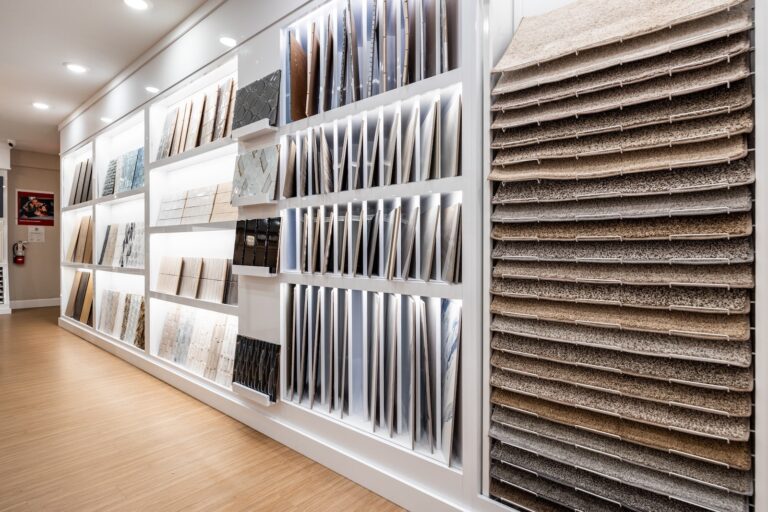 A showroom wall displays various flooring samples, including tiles and carpet swatches, arranged neatly in vertical and horizontal racks under bright lighting.