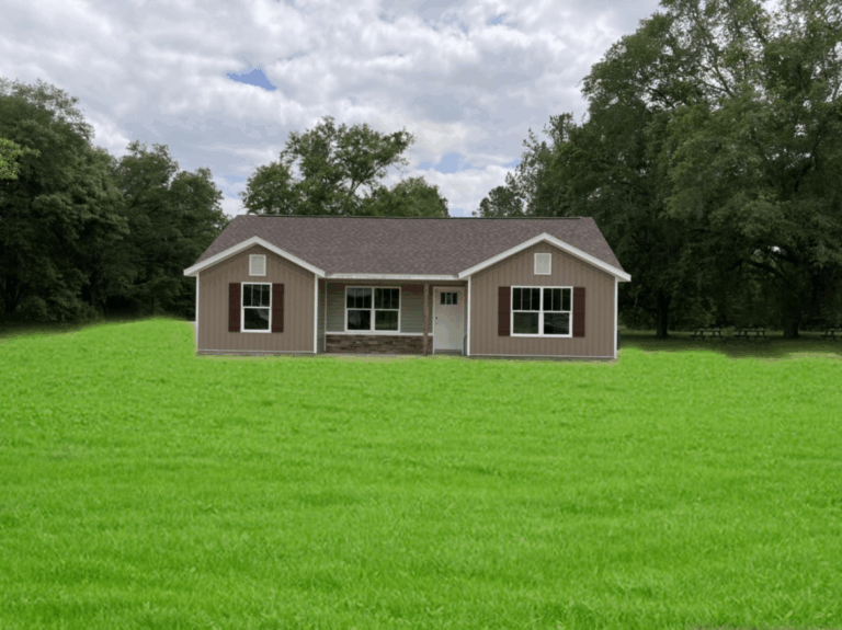 A single-story brown house with white trim sits on a large, well-kept green lawn, surrounded by trees under a partly cloudy sky—showcasing the charm of custom homes Gainesville residents love.