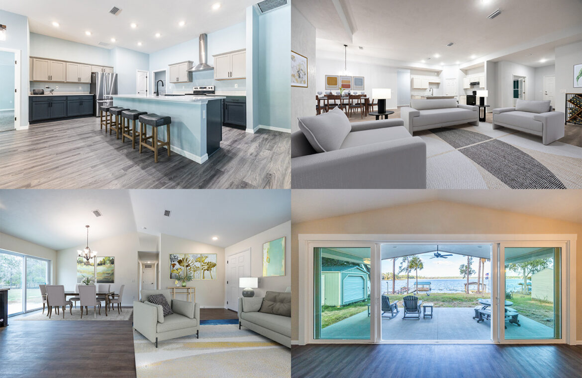 A collage of four bright, modern home interiors: a kitchen with an island and stools, two living rooms with sofas and dining areas, and a room with large windows overlooking a patio and waterfront view.