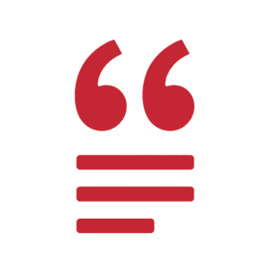 A glowing red quotation mark icon with three horizontal lines below it, symbolizing a quotation or text, on a blurred gray background.
