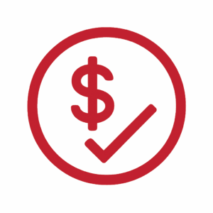 A red dollar sign and checkmark inside a circle are shown on a blurred gray background, symbolizing financial approval or payment confirmation.