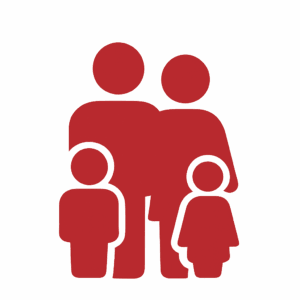 A glowing red icon of a family with two adults and two children, depicted as simple, stylized figures on a blurred gray background.