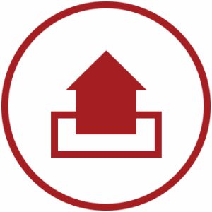 A red upload icon featuring an upward-pointing arrow inside a box, all enclosed within a red circle on a light gray background.