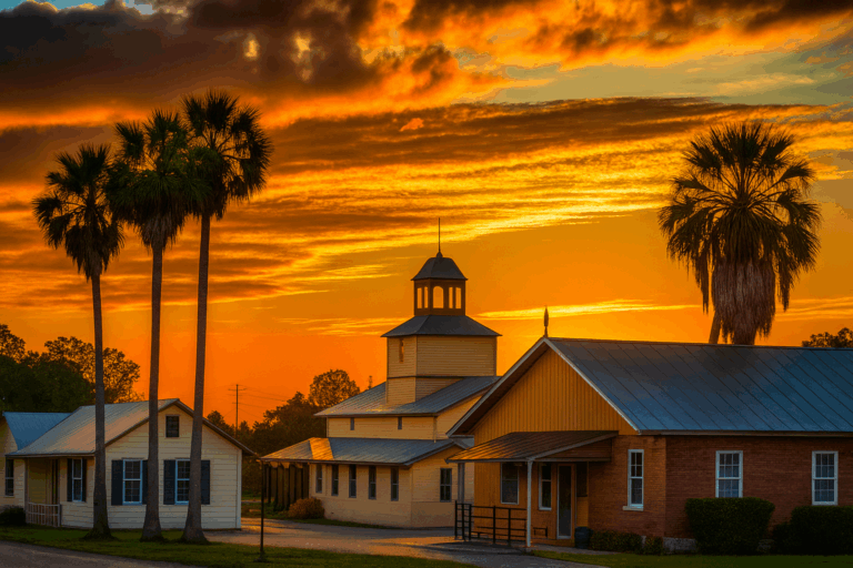 A vibrant sunset with orange and yellow clouds illuminates a small building complex with palm trees and a central structure featuring a cupola, creating a warm, tropical atmosphere.