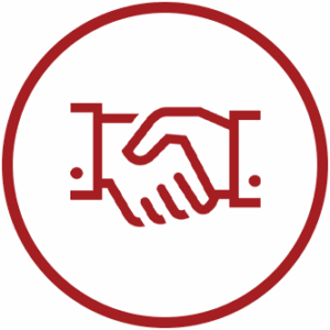 Red outline icon of two hands shaking, symbolizing partnership or agreement, enclosed within a red circle on a light gray background.